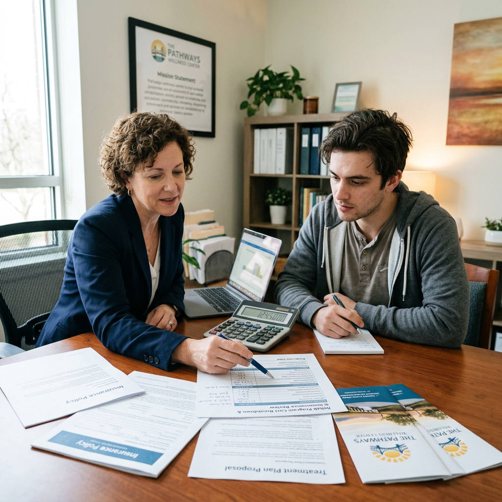 Two people reviewing insurance policy documents and financial data . Getting funding for rehab treatment