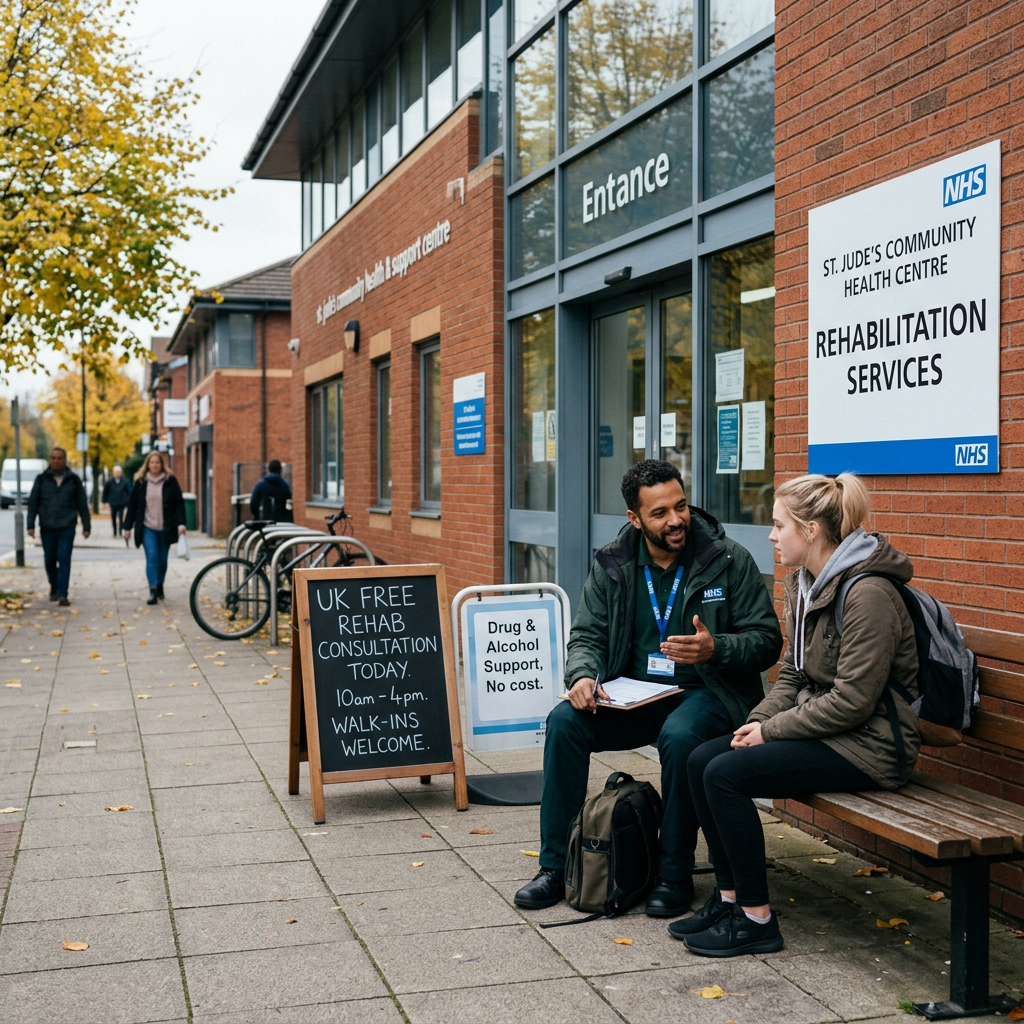 Healthcare worker talking to young woman outside NHS Free rehab near me