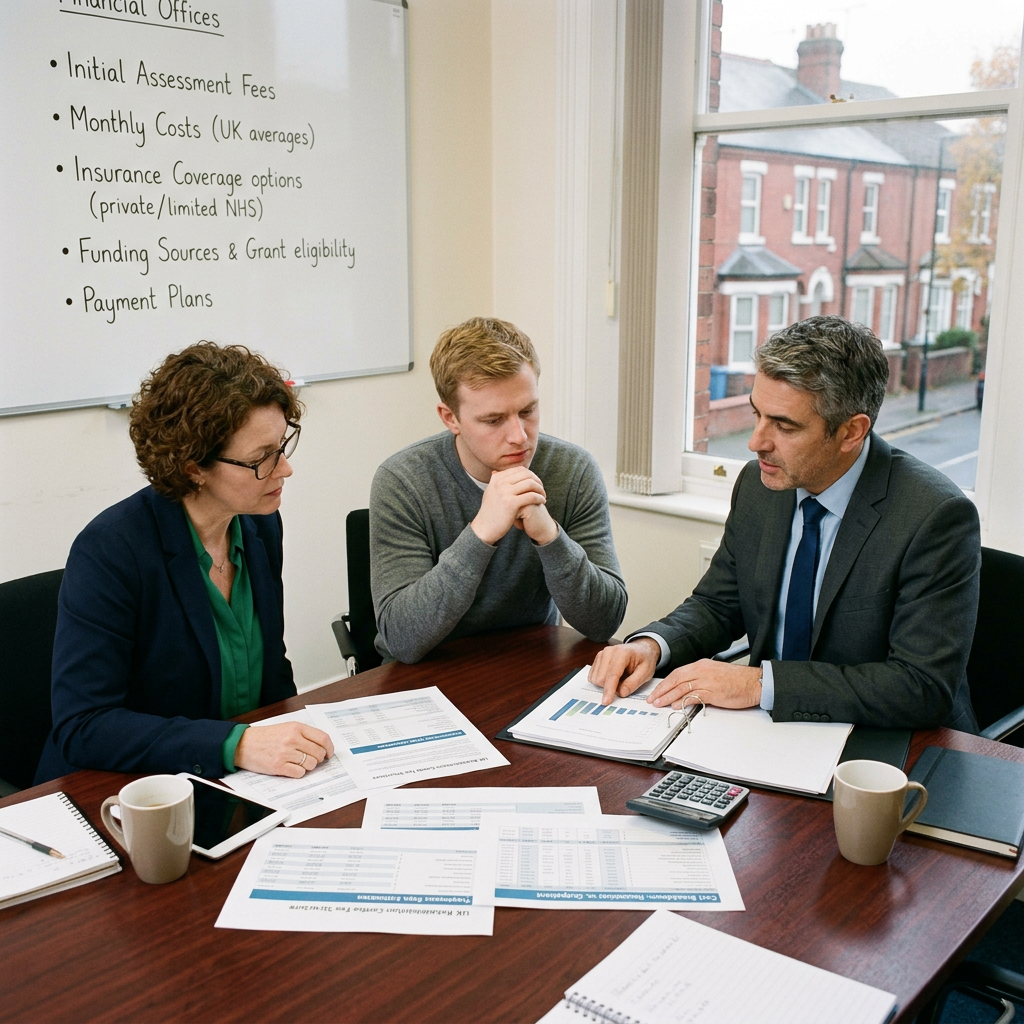 Three people discussing financial documents and charts in a meeting room