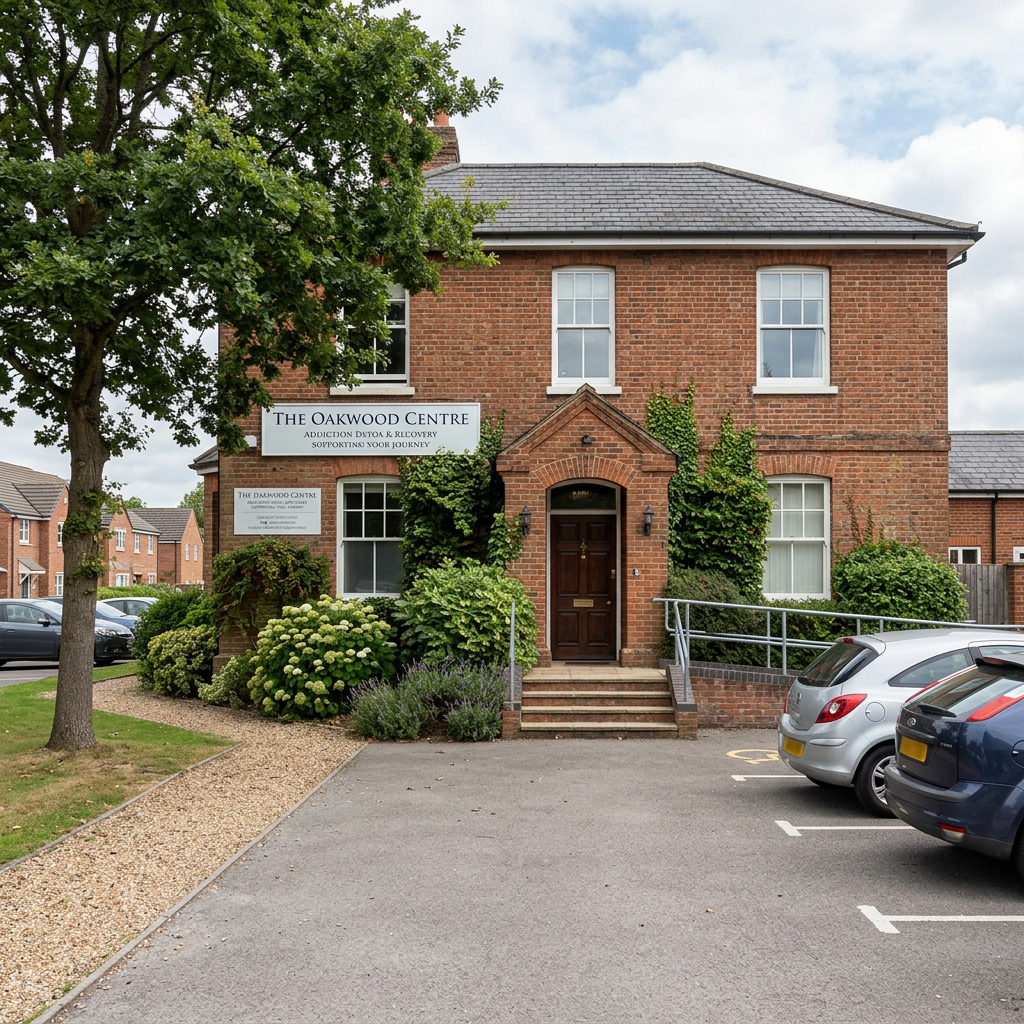 Brick building with sign reading The Oakwood Centre Addiction Detox & Recovery supporting your journey