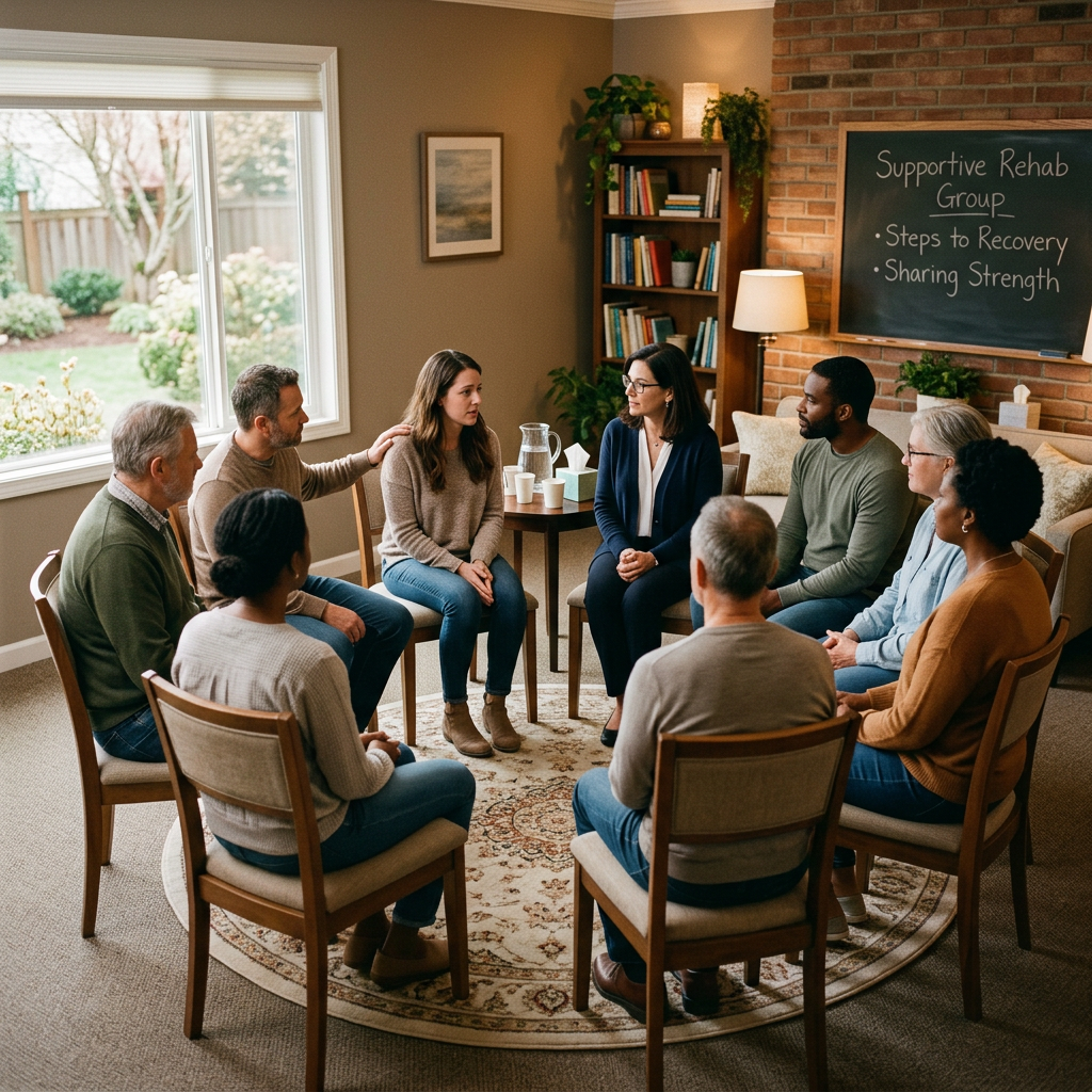 A diverse group sitting in a circle during a supportive rehab group session