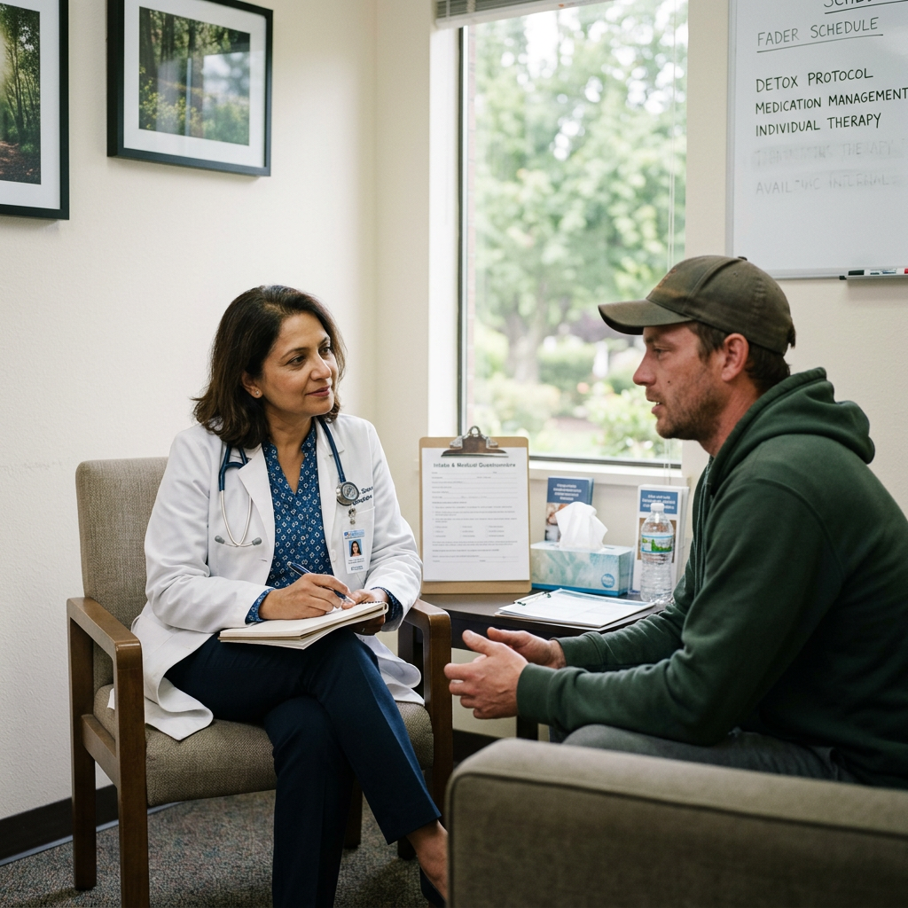 Healthcare professional consulting with a patient in an office