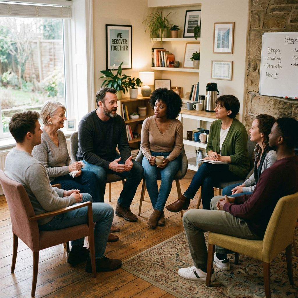 Seven people sitting in a circle having a group discussion in a cozy room