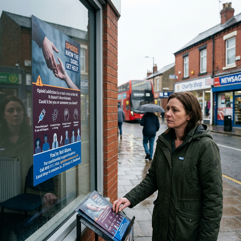 Woman looking at an opioid addiction awareness poster on a window during rainy weather Free rehabs near me