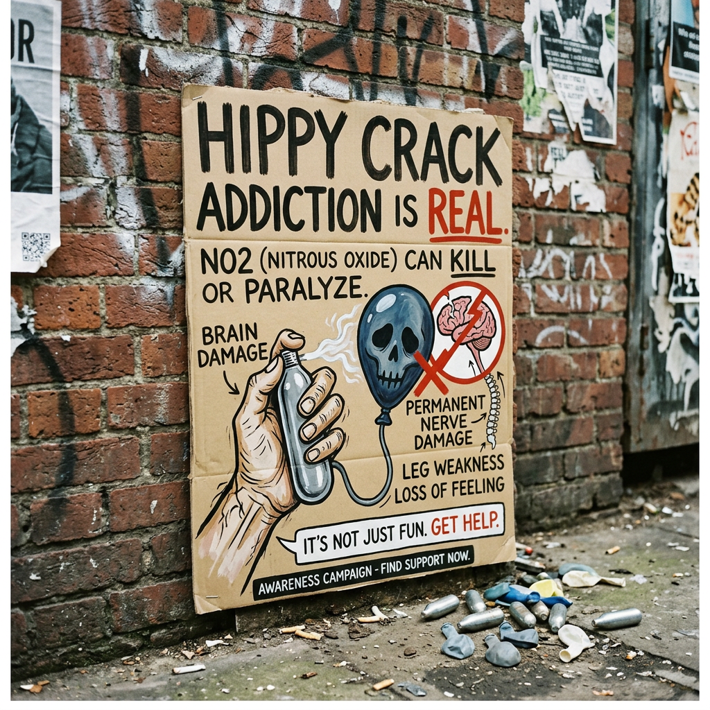 Street poster showing nitrous oxide risks, including brain damage and paralysis, with a call to get help Free rehabs near me