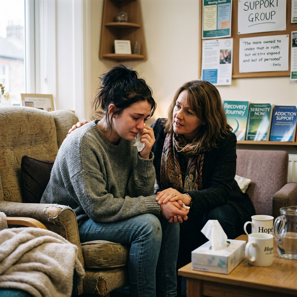 Two women in a support group room, one crying and being comforted by the other Dual diagnosis and addiction