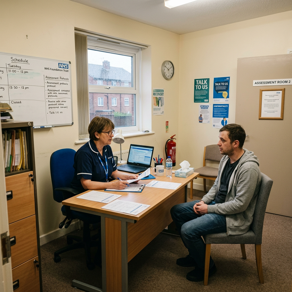 Healthcare worker speaking to a patient during a mental health assessment in an NHS office
