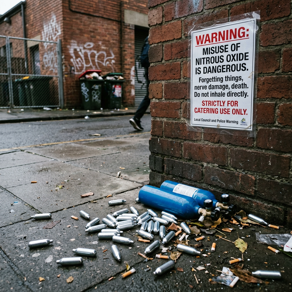 Warning sign about nitrous oxide dangers on brick wall with scattered gas canisters and cigarette butts on sidewalk