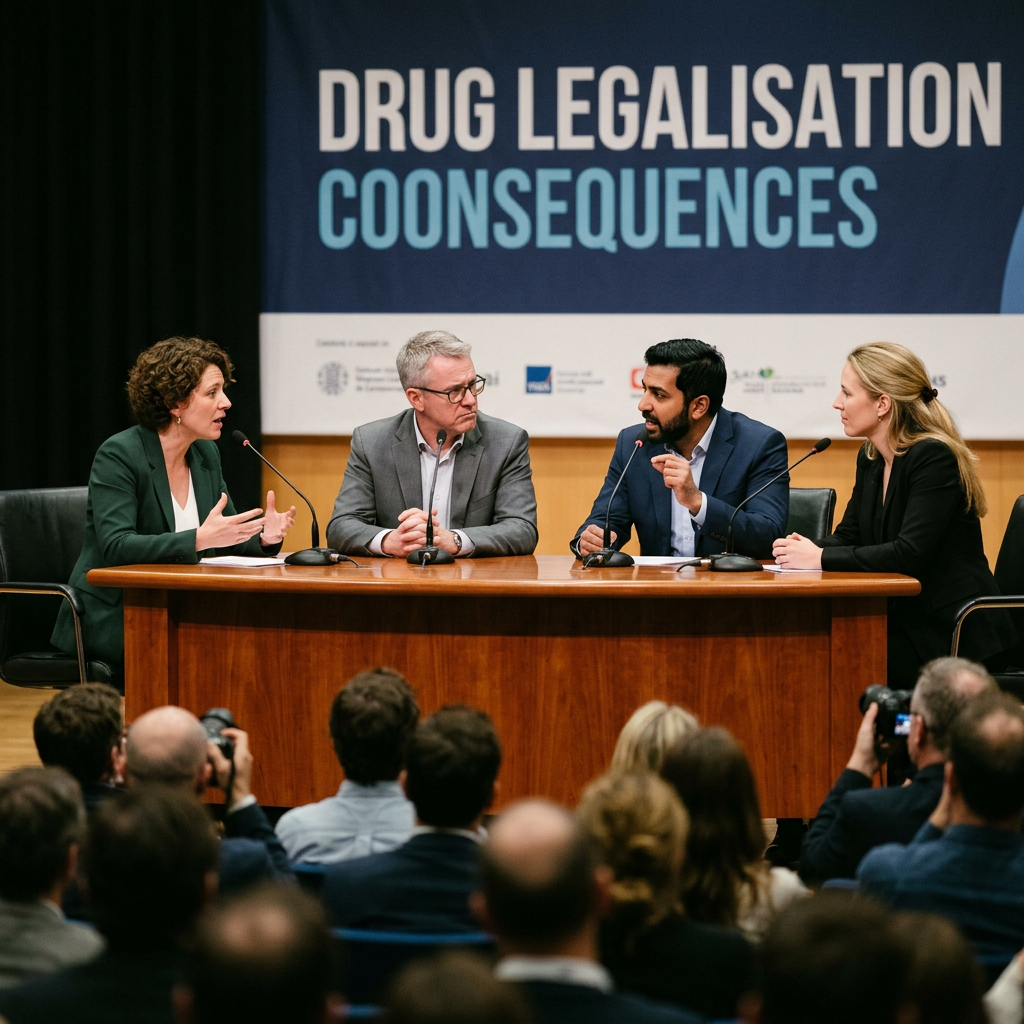Four panelists discussing drug legalisation consequences at a conference