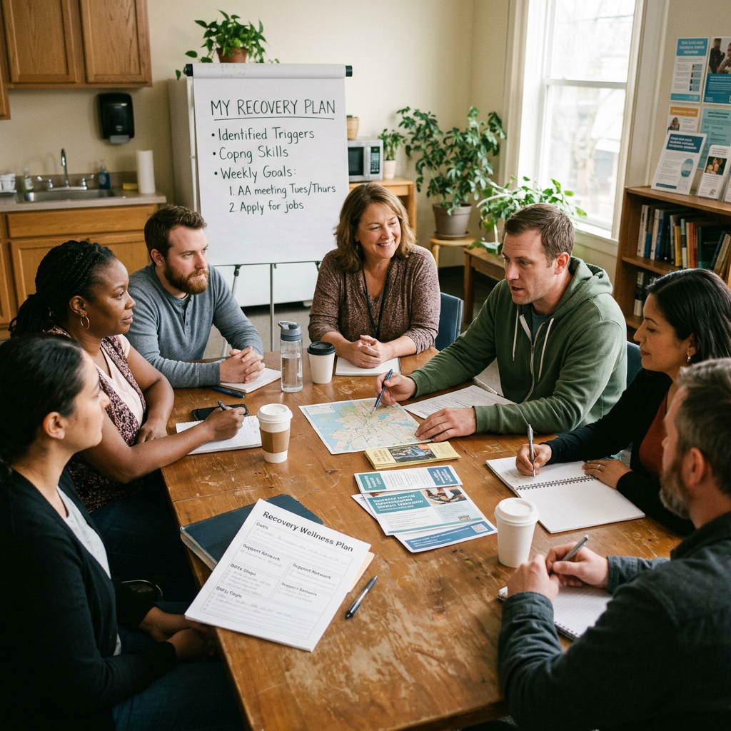 Group of six adults engaged in recovery planning meeting with flip chart Getting help for addiction