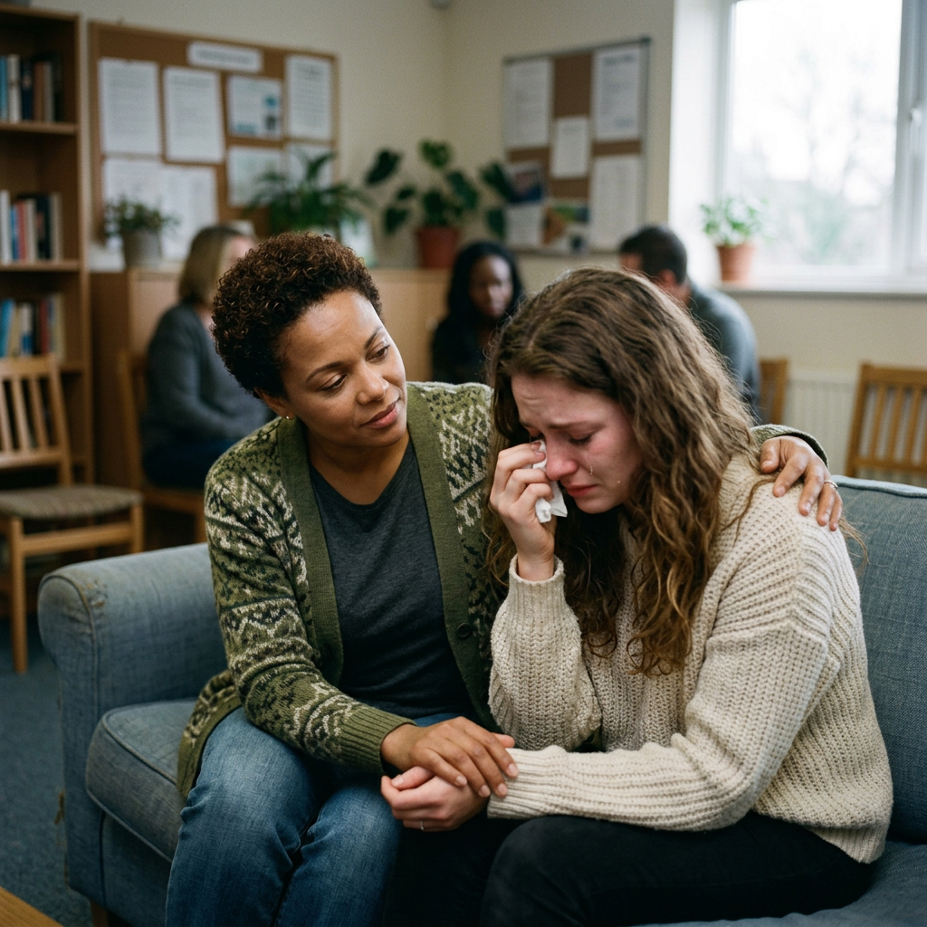 A woman consoling a crying friend by holding her hand