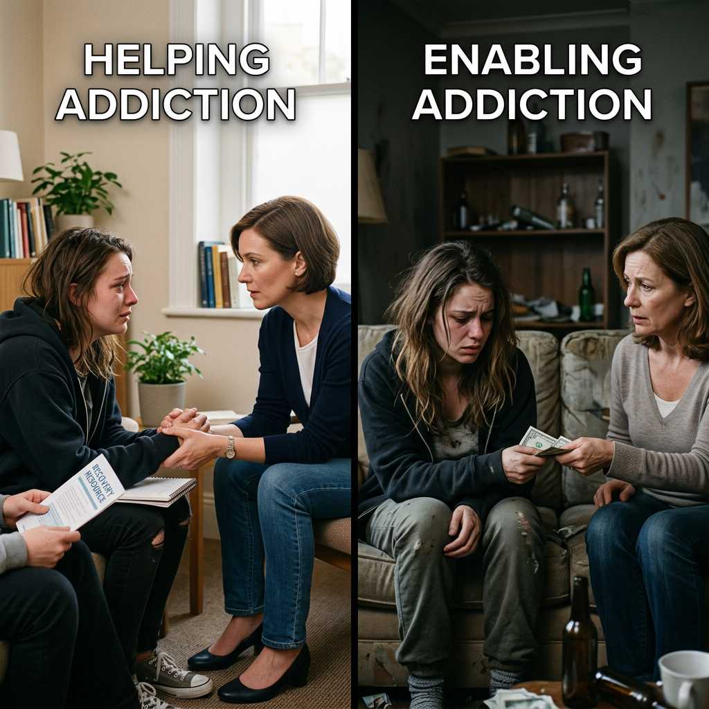 Two contrasting scenes: one shows supportive conversation with addiction recovery materials, the other shows enabling addiction by giving money in a disordered room.