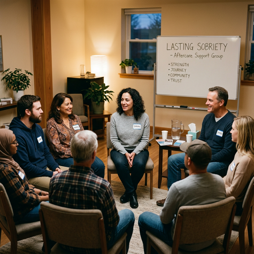Group of people sitting in a circle during a lasting sobriety support group meeting Detox Centre Leeds