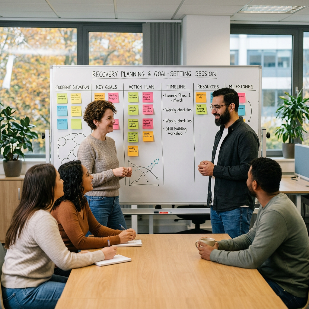 Group of four people discussing recovery planning and goal-setting around a whiteboard with post-it notes