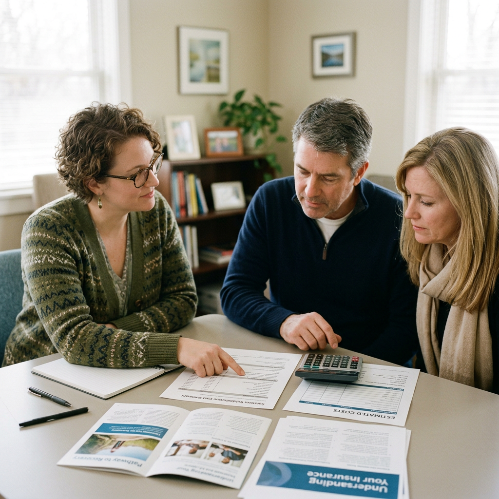 Financial advisor discussing paperwork with middle-aged couple