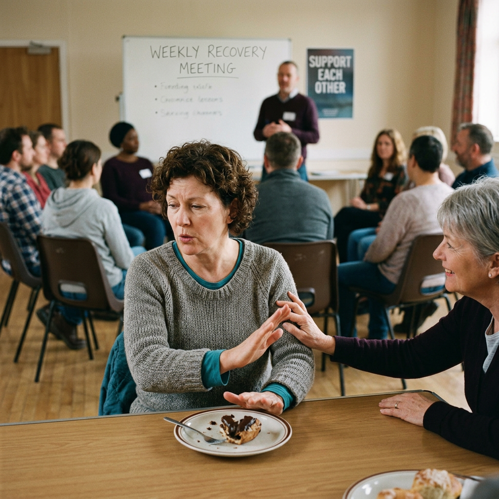Woman refusing dessert at a recovery support group meeting