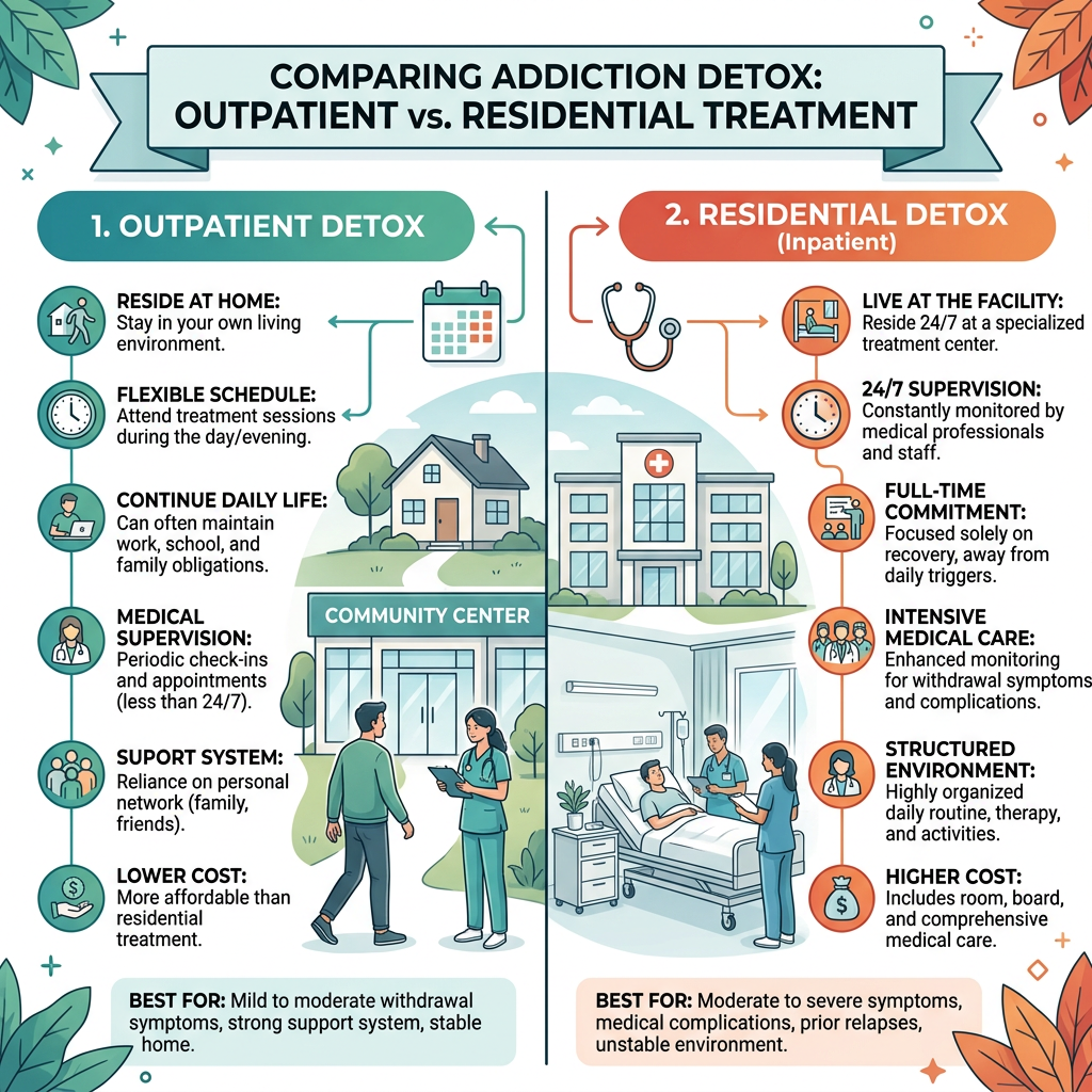 Comparison chart showing outpatient detox on left and residential detox on right with key features and best uses