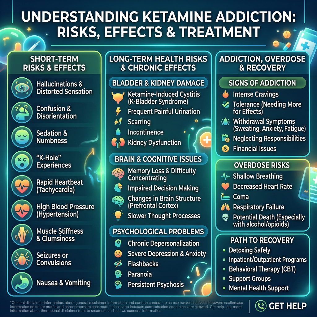 Infographic explaining ketamine addiction risks, short-term and long-term effects, overdose risks, signs of addiction, and recovery methods