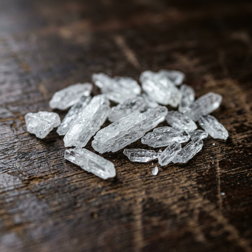 Cluster of translucent white salt crystals on dark wooden background