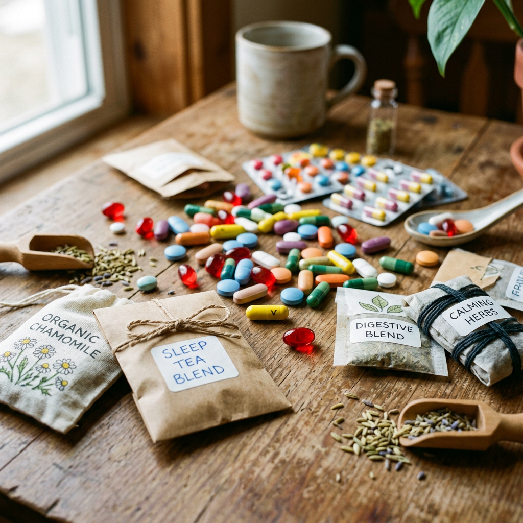 Assorted herbal tea blends and vitamin supplements on a wooden table
