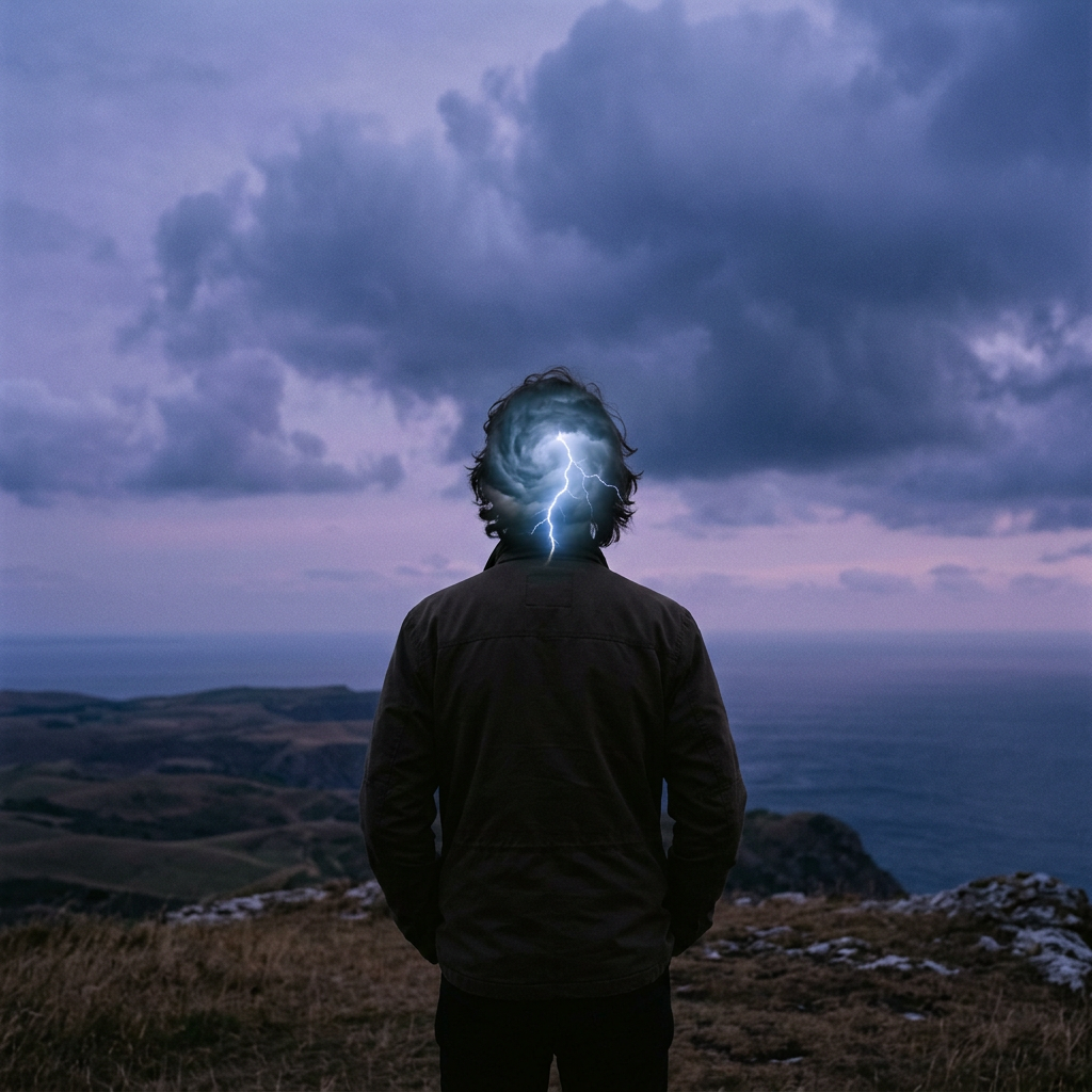 Person standing outdoors with storm and lightning inside their head