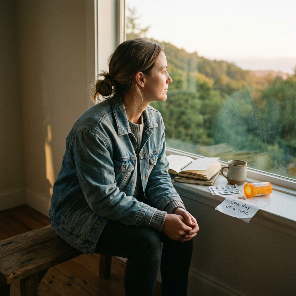 Woman staring out of the window. Pill bottles on the window ledge. Dual diagnosis and addiction