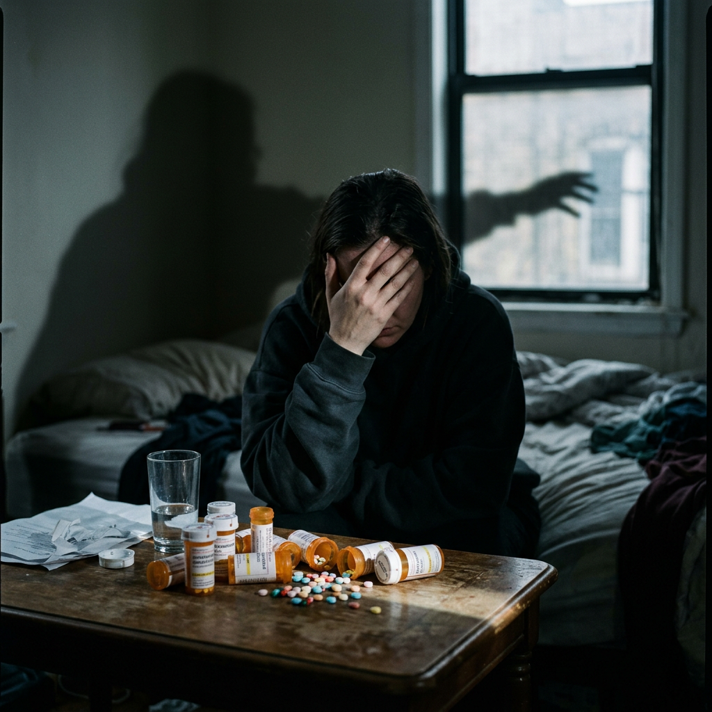 Person sitting at a wooden table with multiple prescription pill bottles and scattered pills, covering their face with their hand in distress. The stages of addiction