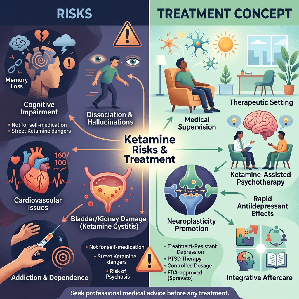 Diagram showing ketamine risks including memory loss, cognitive impairment, hallucinations, cardiovascular issues, bladder damage, addiction, and treatment concepts like medical supervision, therapeutic setting, psychotherapy, neuroplasticity, and aftercare.