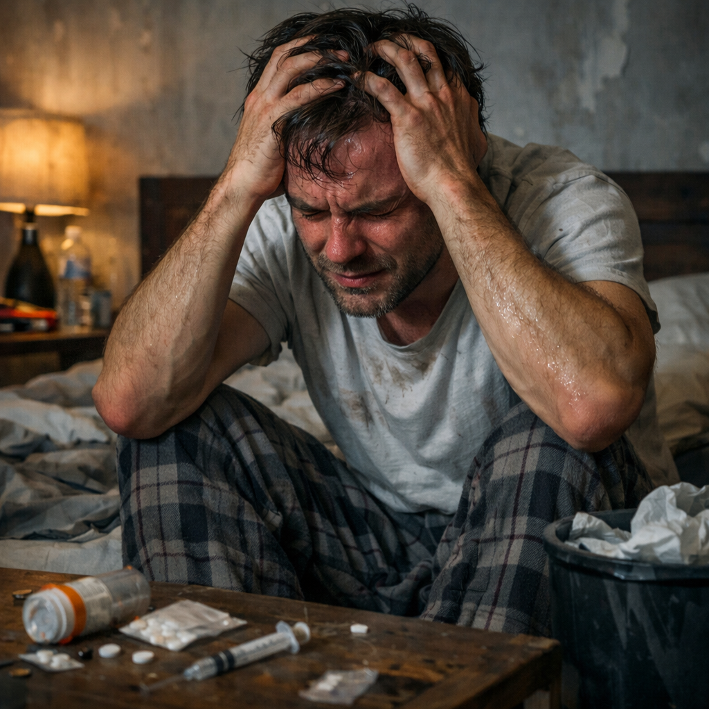 Man in plaid pajama pants and a stained white t-shirt holding his head in distress next to pills and syringes on a wooden table Free Rehab Advice Online
