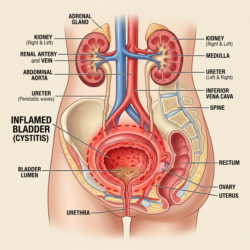 Anatomical cross-section of female urinary system showing inflamed bladder (cystitis) and related organs