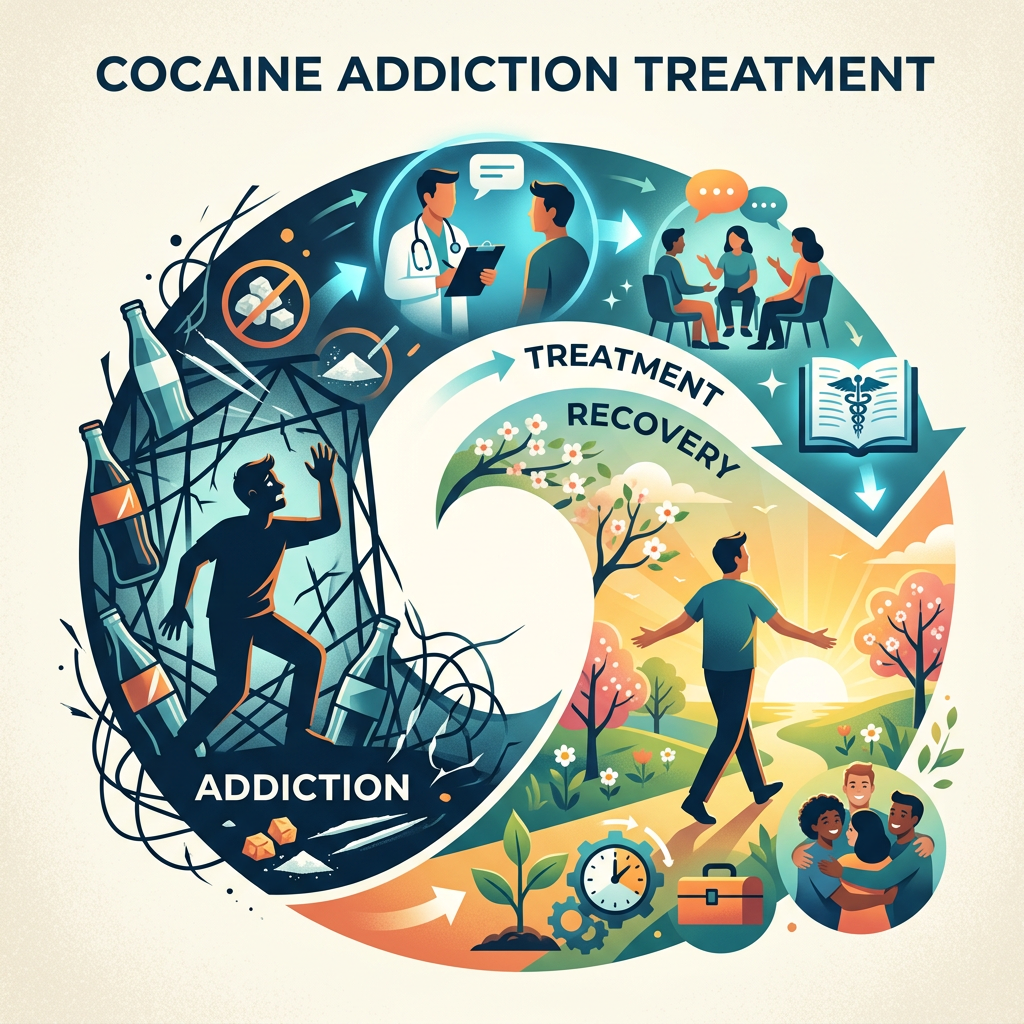 Cycle illustrating cocaine addiction, treatment, and recovery process with symbolic figures and counseling scenes.Exploring the science of addiction