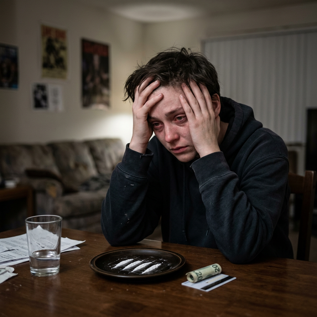 Person with red eyes holding head at table with white powder lines and rolled money. Recognising signs of addiction