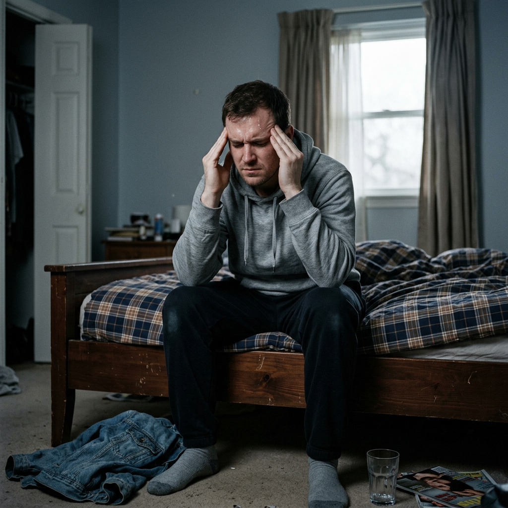 Man sitting on bed holding his head in pain with eyes closed