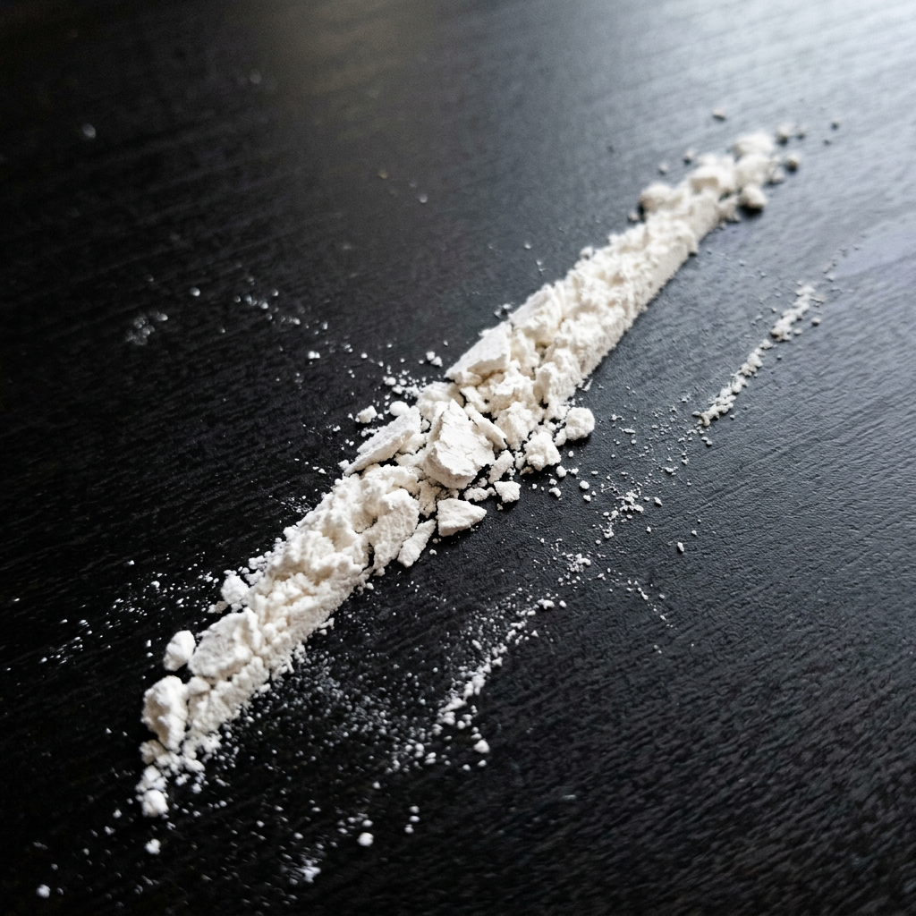 White powder scattered in a line on a black textured surface