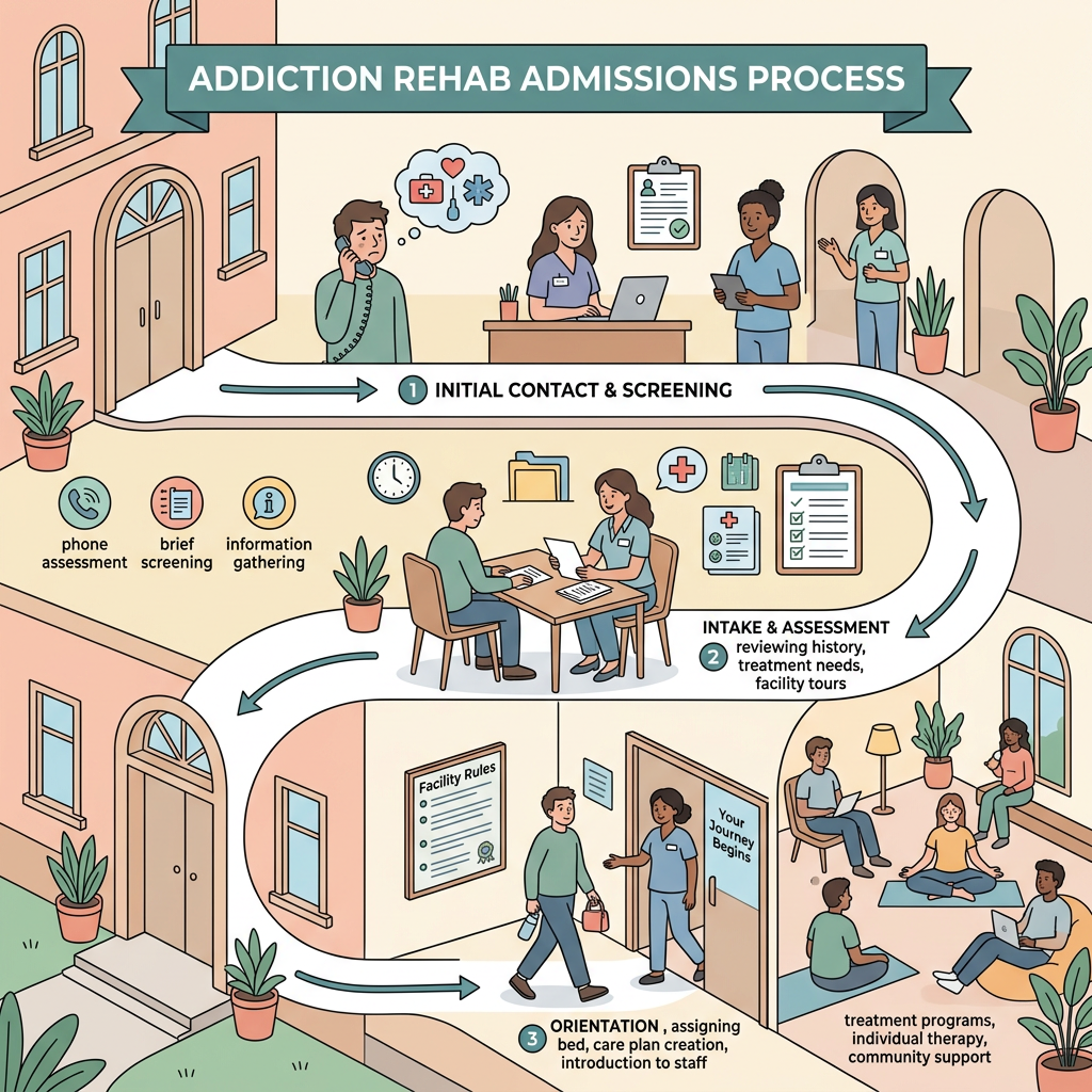 Flowchart of addiction rehab admissions with phone screening, intake assessment, orientation, and therapy activities rehab luxury economical low-cost