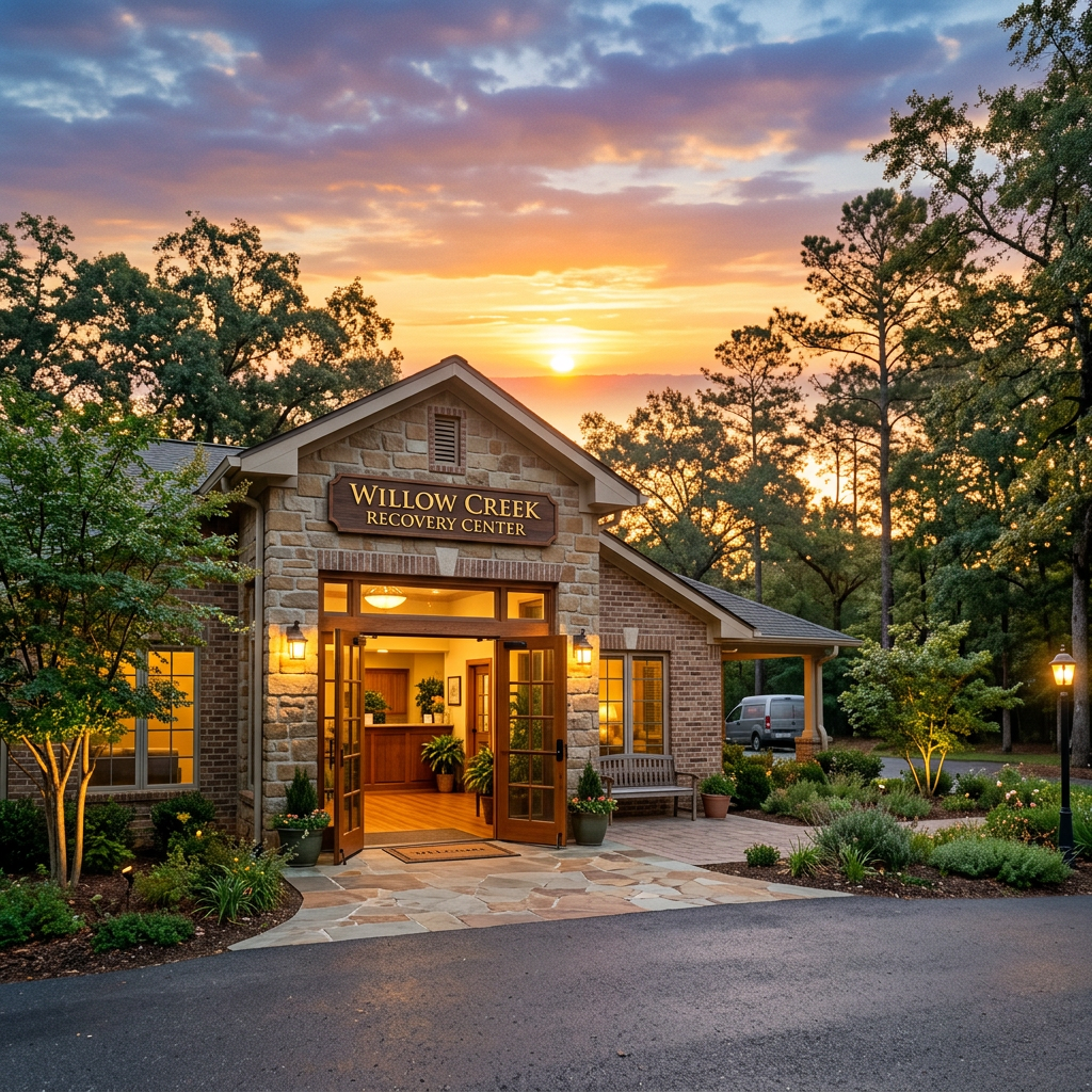 Front entrance of Willow Creek Recovery Center building with open doors and sunset sky
