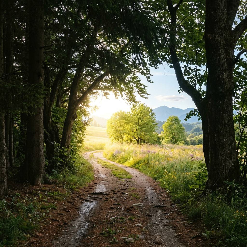 Dirt path winding through forest clearing with sunlit trees and distant mountains