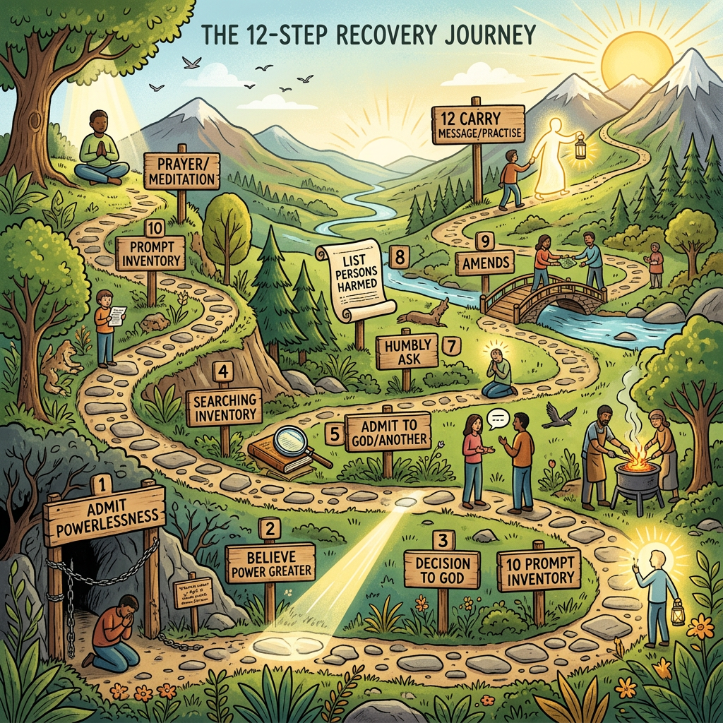 Illustration of a 12-step recovery journey path with labeled milestones and people engaged in related activities.