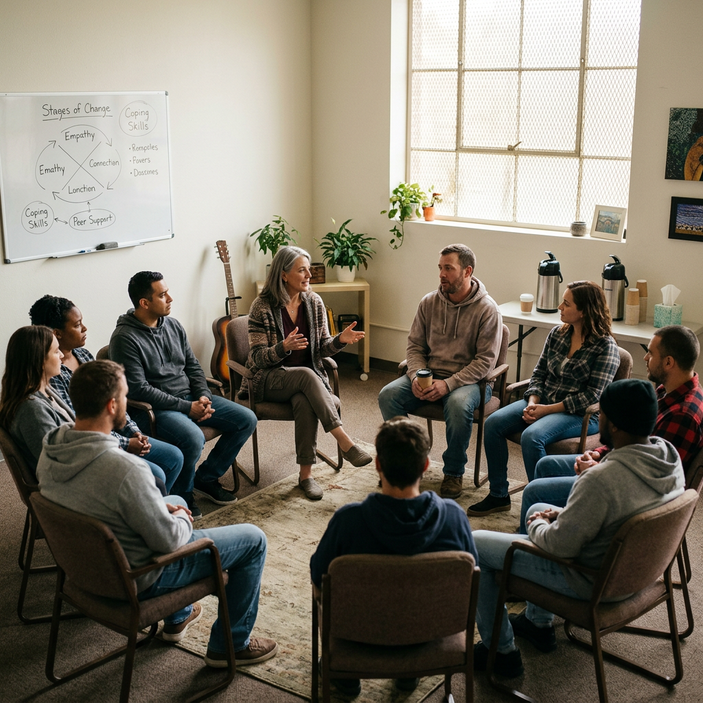 People sitting in chairs arranged in a circle engaged in group therapy discussion
