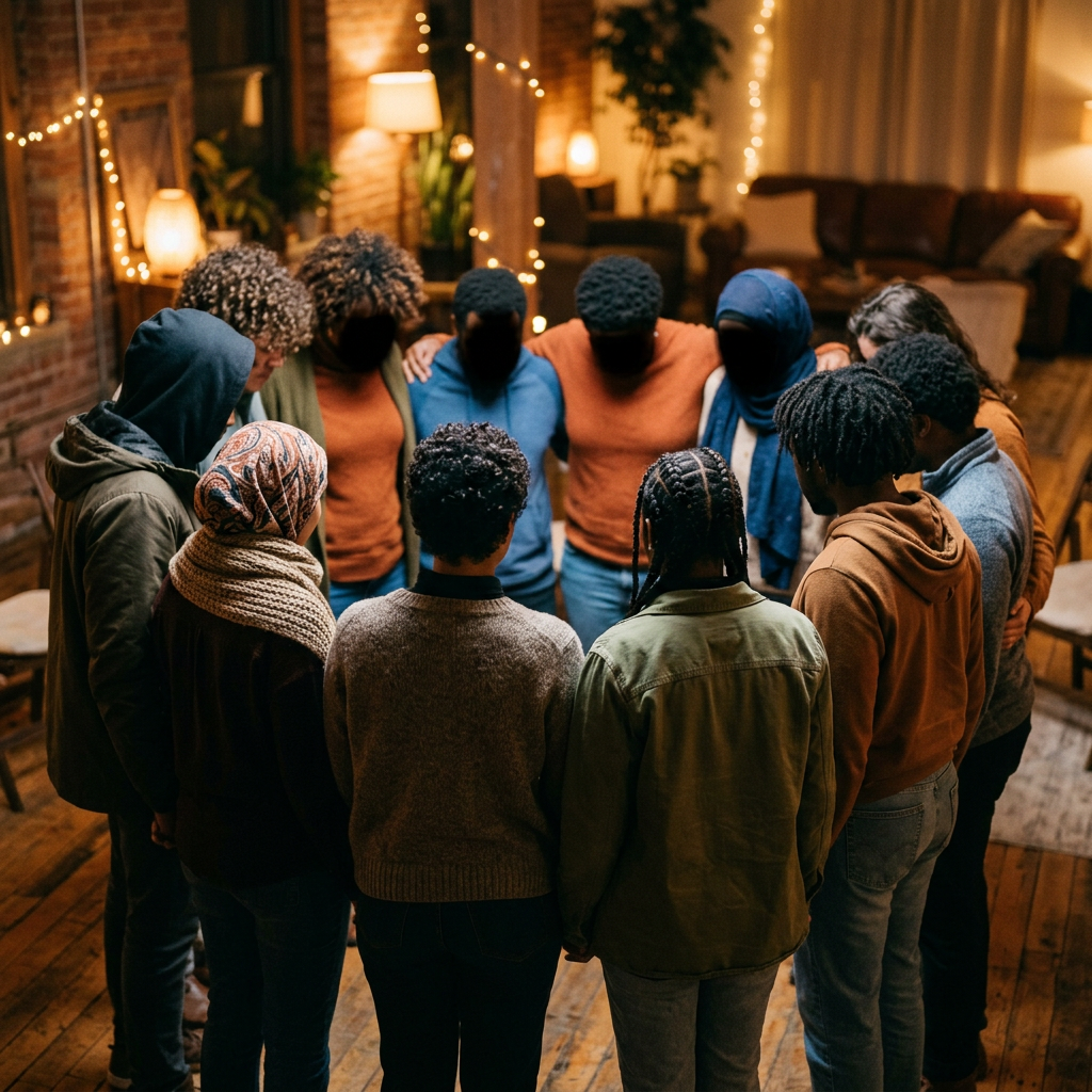 A diverse group of people standing in a circle holding hands in a cozy living room