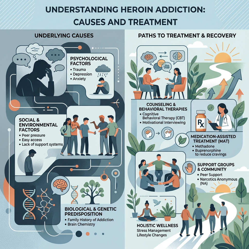 Diagram explaining causes and treatment options for heroin addiction. The stages of addiction