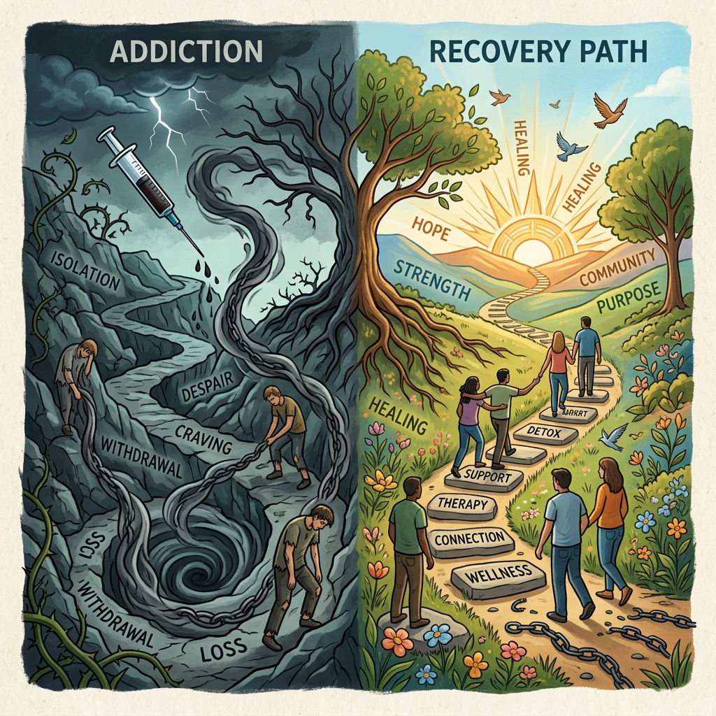 Split image showing addiction with despair and withdrawal on left; recovery path with support and healing on right