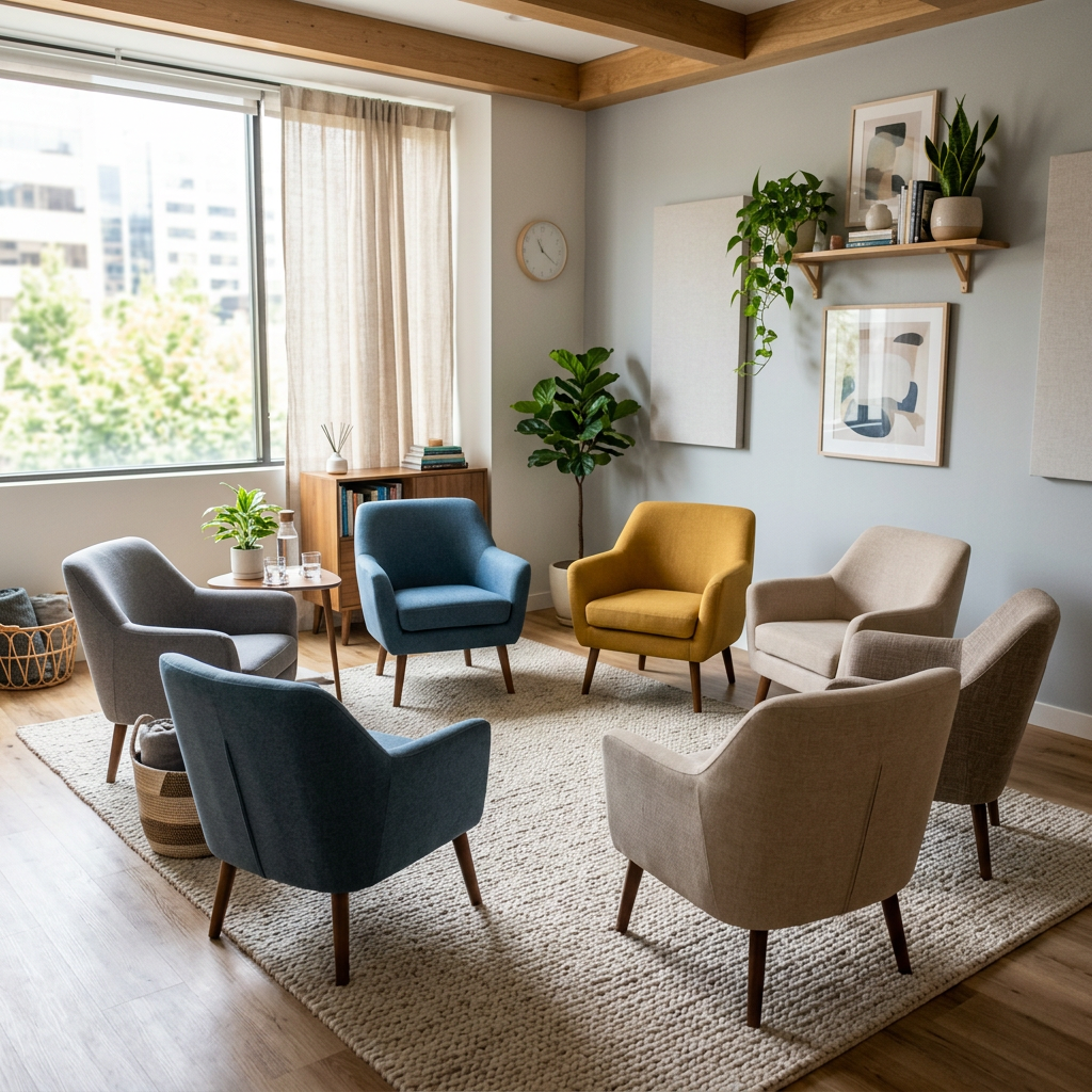 Understanding heroin addiction . n inviting, modern therapy room with comfortable chairs arranged in a circle, soft natural light coming through large windows, and calming neutral tones. No people present, but the setting feels supportive and safe. High-resolution interior photography style with a warm, reassuring atmosphere. Getting funding for rehab