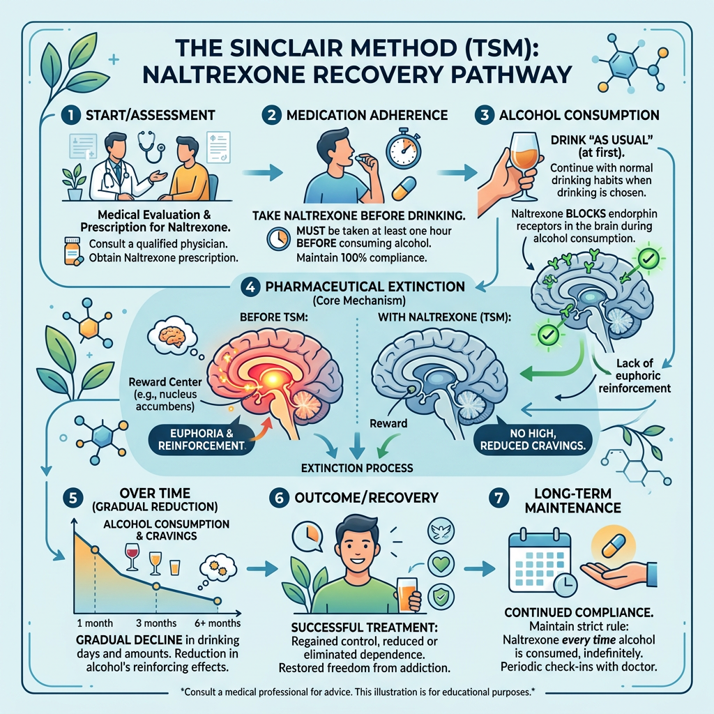 Diagram showing seven steps of the Sinclair Method for alcohol recovery using naltrexone medication