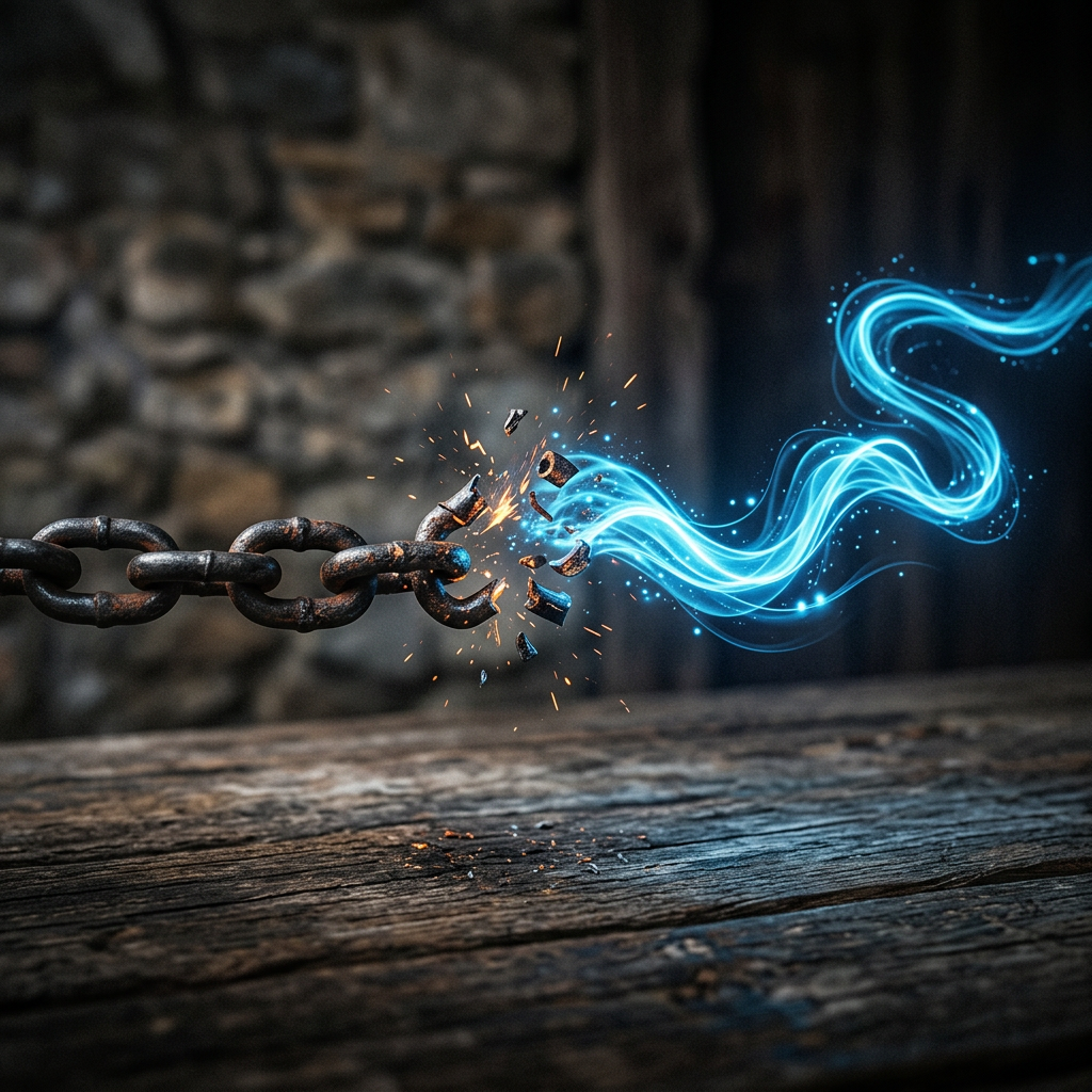 Rusty chain breaking with sparks and blue energy flowing through the break