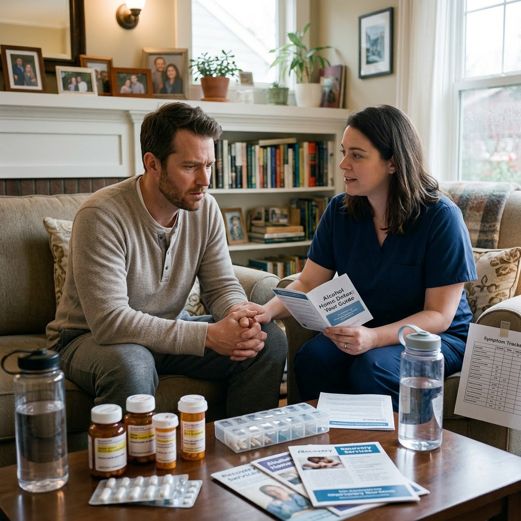 Healthcare professional holding alcohol detox guide talking to concerned man at home with medication bottles and pamphlets on table Addiction referral agents sell