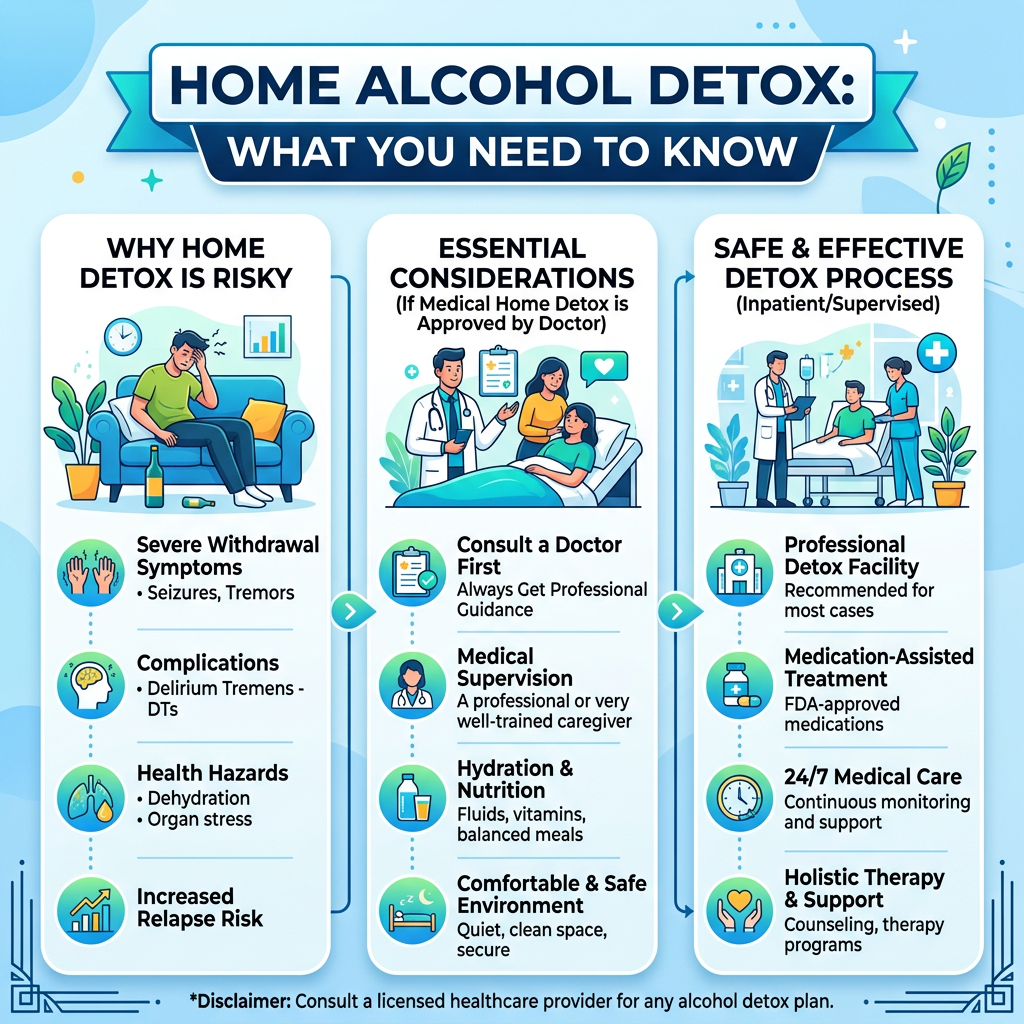 Home alcohol detox risks, essential considerations, and safe detox process overview