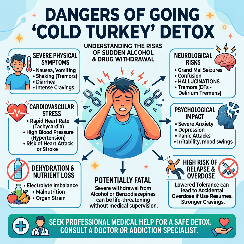 Dangers and risks of sudden alcohol and drug withdrawal including physical, neurological, cardiovascular, and psychological effects with advice to seek professional medical help.