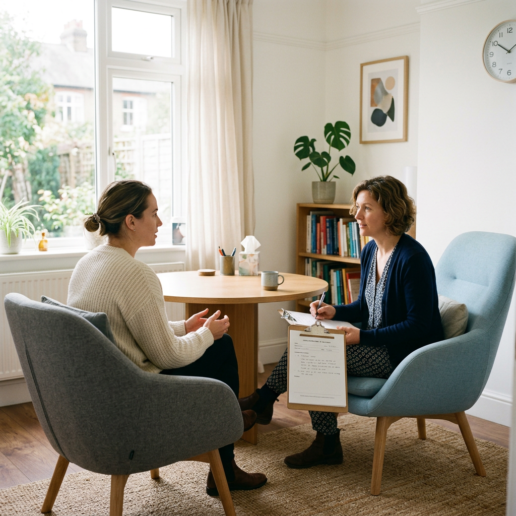 Therapist taking notes while talking to client in office Rebuilding Trust After Addiction