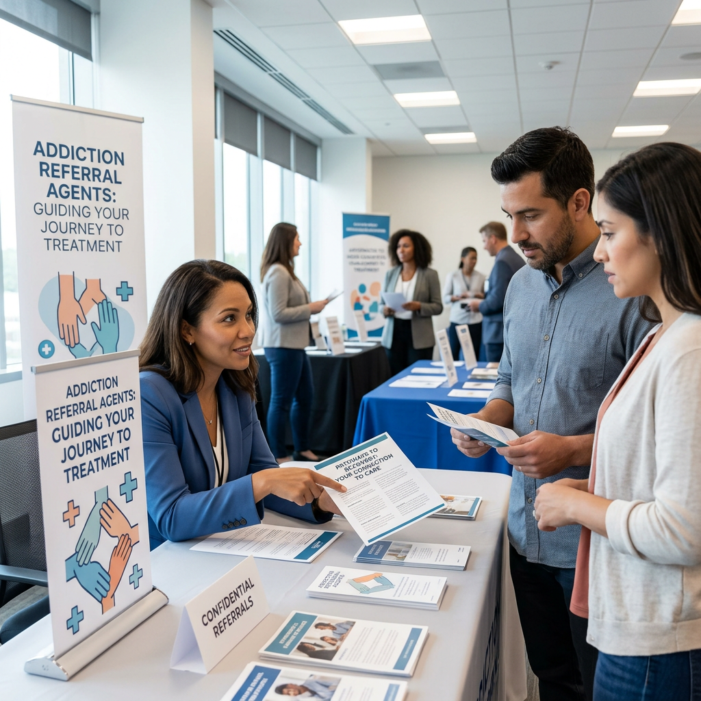 Woman at a booth giving addiction referral brochures to a couple